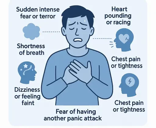 Infographic illustrating Panic Attack, panic disorder symptoms, Dr Iospa Psychiatry NYC