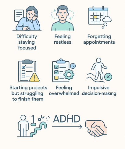Infographic illustrating common ADHD and focus symptoms such as difficulty concentrating, restlessness, forgetfulness, and impulsivity.