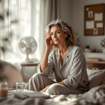 Middle-aged woman sitting calmly at home, reflecting during recovery from anxiety or depression, symbolizing personalized mental health care and emotional balance through therapy in Midtown Manhattan
